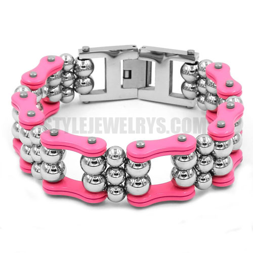 Stainless Steel Silver Steel Balls Biker Bracelet Stainless Steel Jewelry Fashion Pink Bicycle Chain Motor Bracelet SJB0333 - Click Image to Close